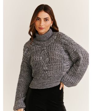 Pull Tricot Gola Alta Manga Longa - Cinza