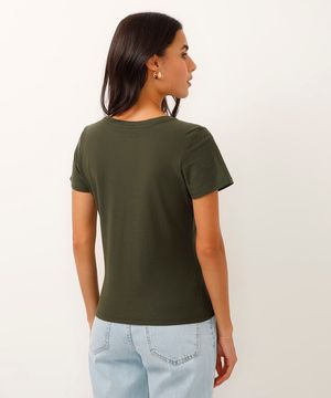 blusa básica flamê de algodão manga curta decote v verde militar