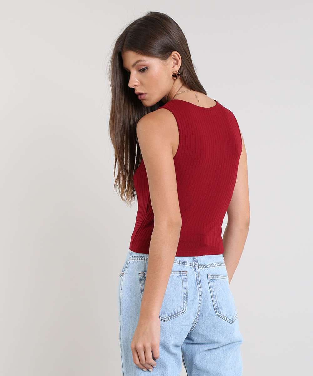 regata básica cropped canelada vermelho escuro