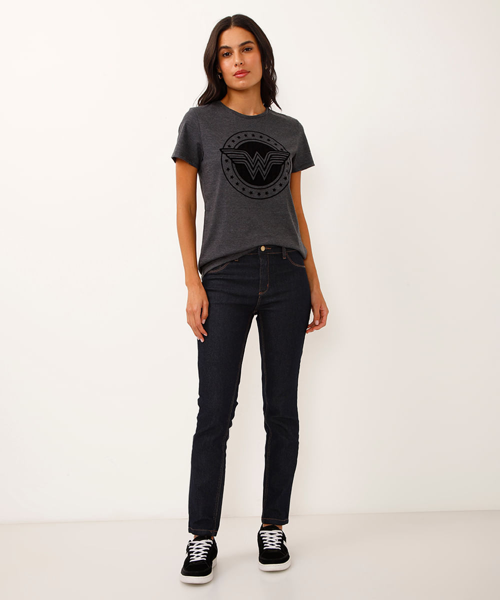 Blusa Feminina Mulher Maravilha Manga Curta Decote Redondo Chumbo