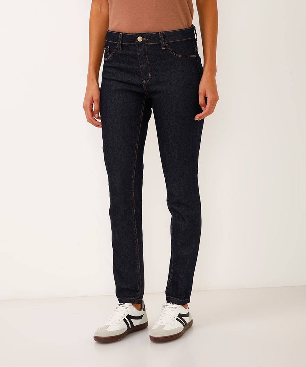 Calça Jeans Feminina Skinny Cintura Média Azul Escuro