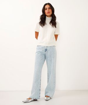 calça wide leg slim jeans brilhos cintura média azul