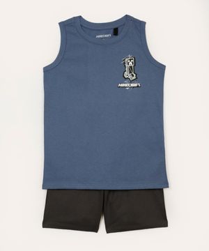 conjunto infantil de algodão minecraft regata e short azul