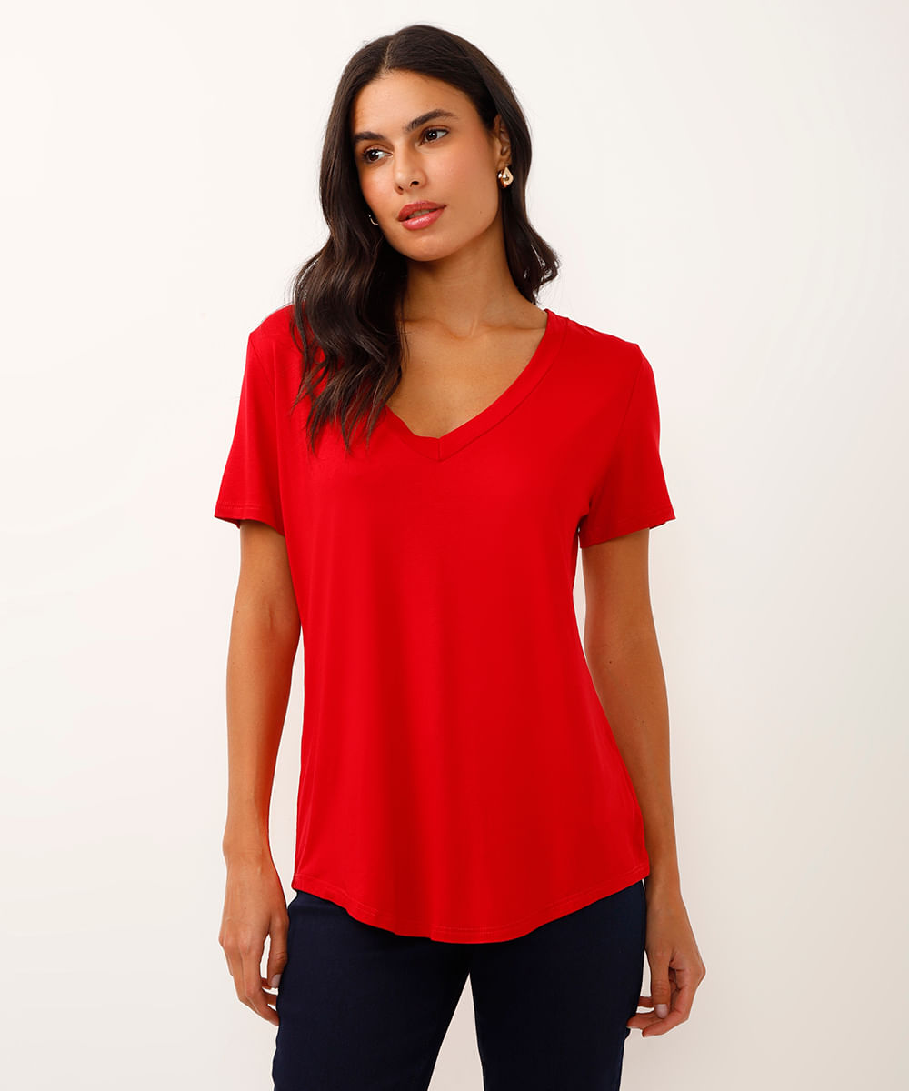 Camiseta Feminina Básica Manga Curta Decote V Vermelha