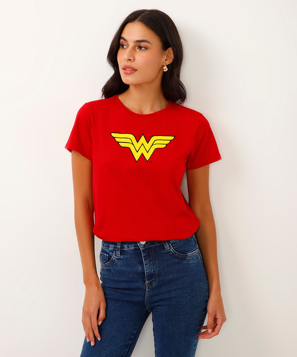 Blusa Feminina Mulher Maravilha Manga Curta Decote Redondo Vermelha