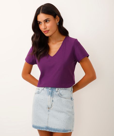 camiseta de algodão peruano decote v - roxo escuro