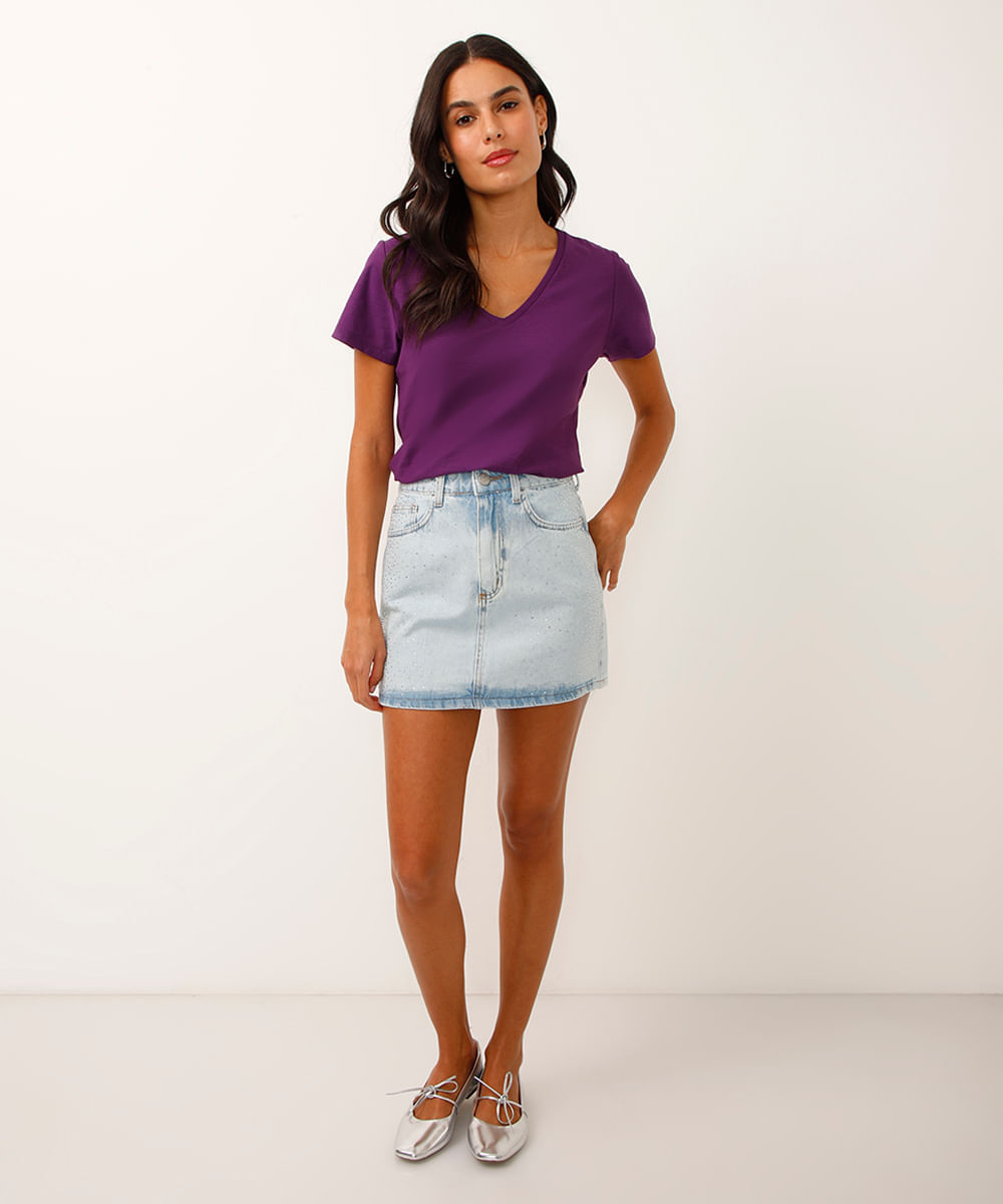 camiseta de algodão peruano decote v - roxo escuro