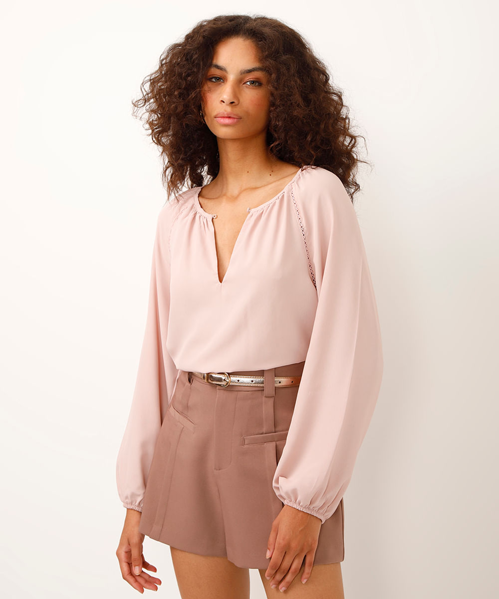 blusa manga bufante com recorte rosa
