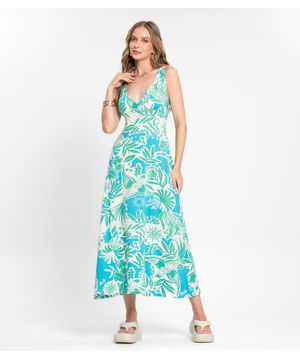 Vestido Midi De Alça Estampado Rovitex Azul