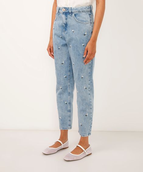 calça mom jeans cintura alta margaridas azul