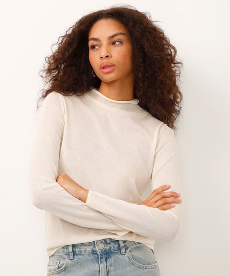 blusa de tricot gola alta manga longa off white