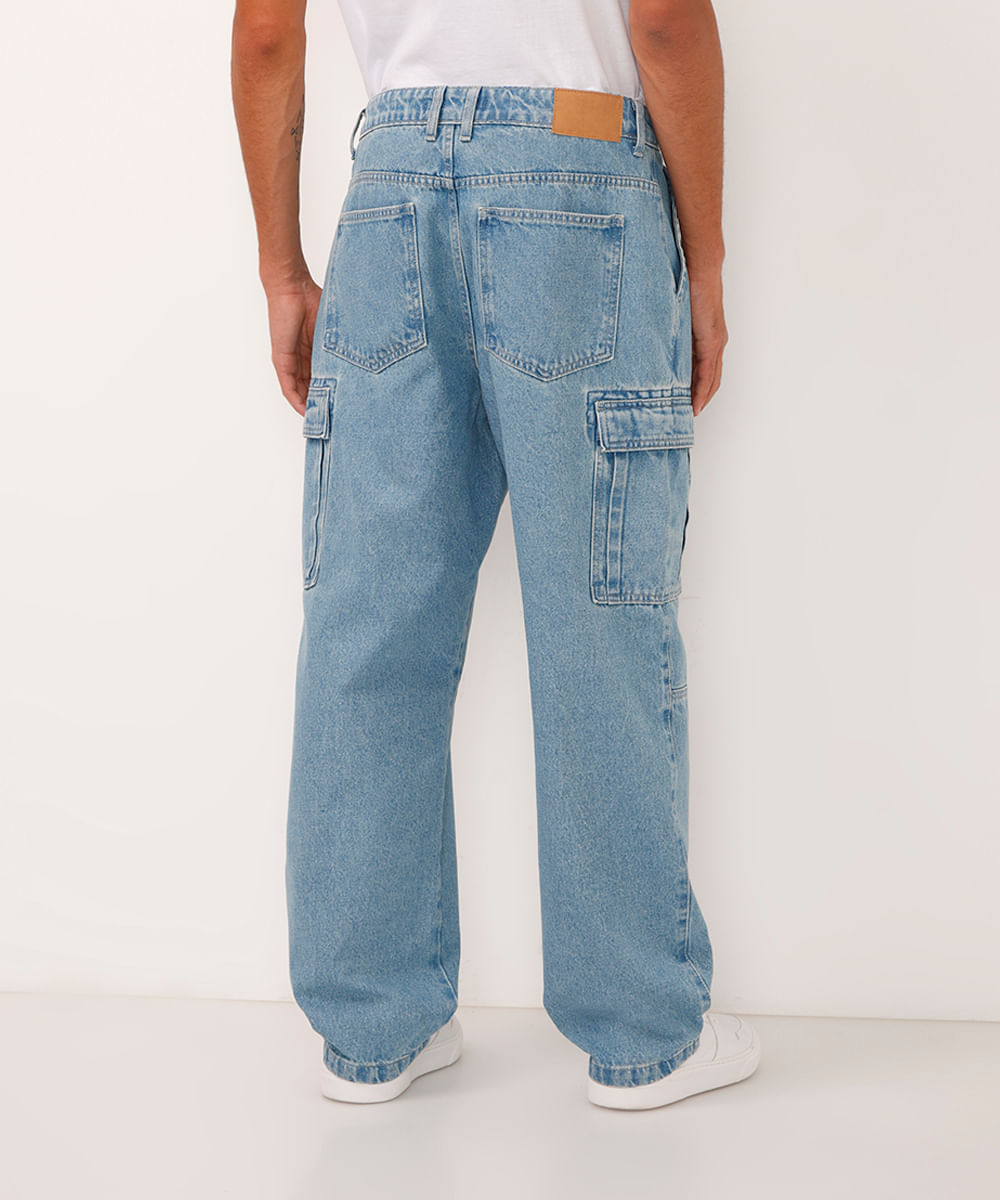 calça skater jeans bolso cargo azul