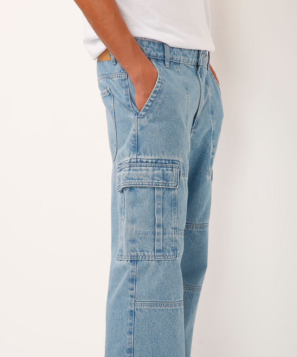 calça skater jeans bolso cargo azul
