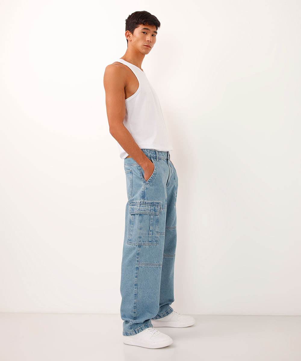 calça skater jeans bolso cargo azul