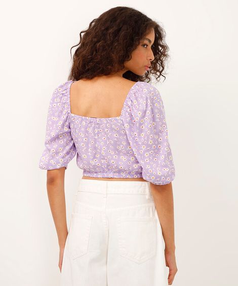 blusa cropped manga bufante decote reto estampa floral lilás
