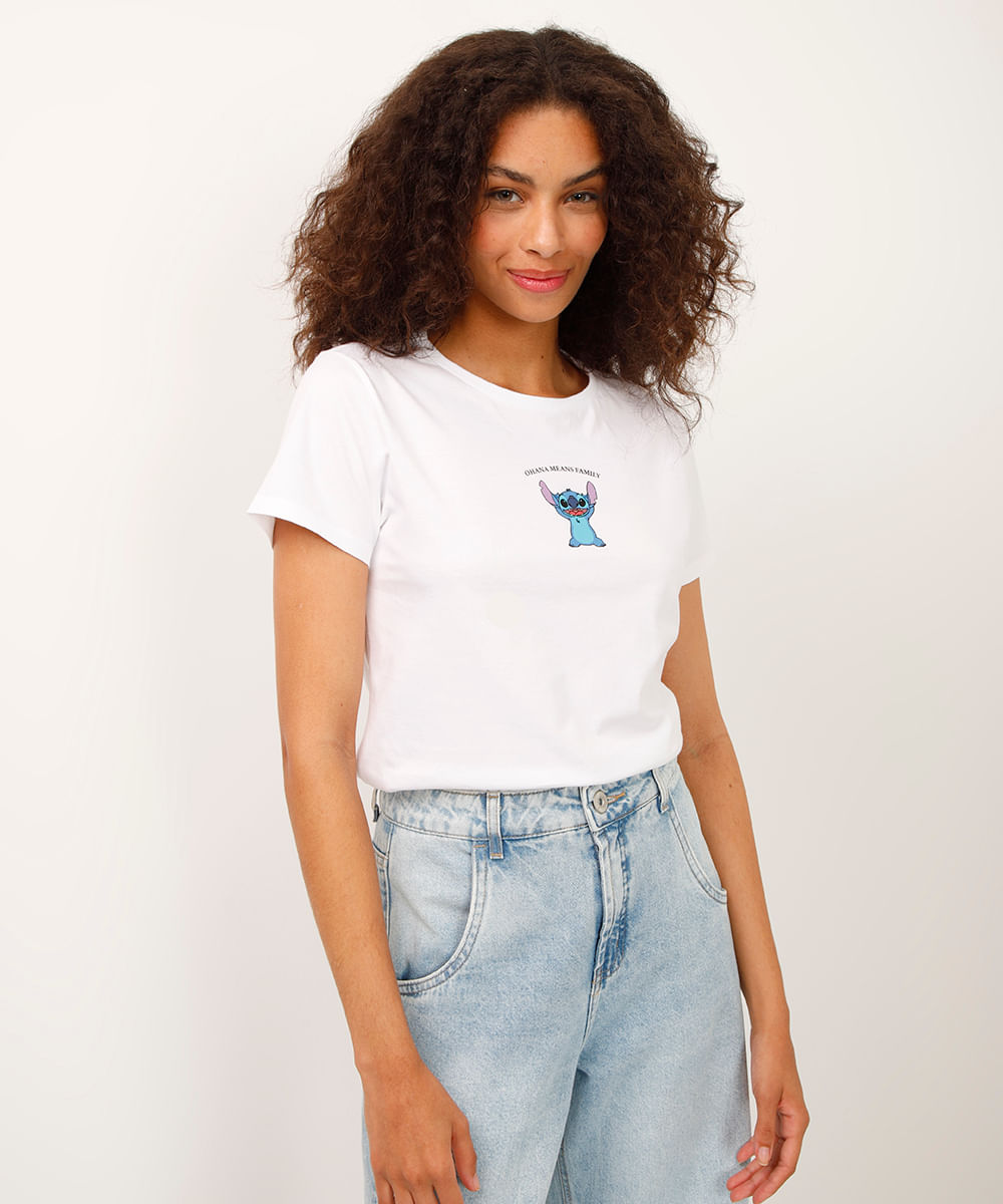camiseta de algodão manga curta stitch off white