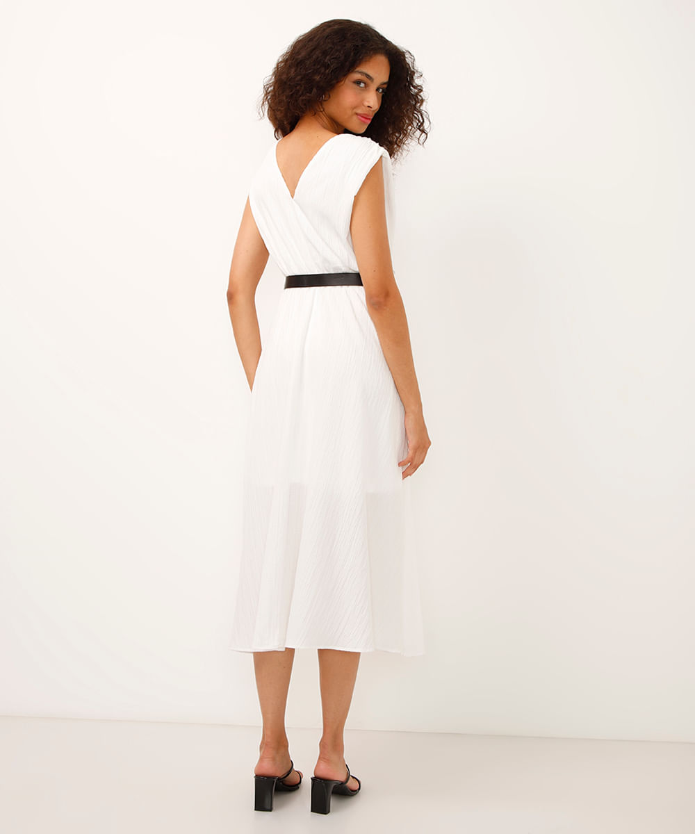 vestido midi decote v texturizado com cinto off white