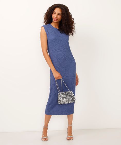 vestido midi decote redondo texturizado azul