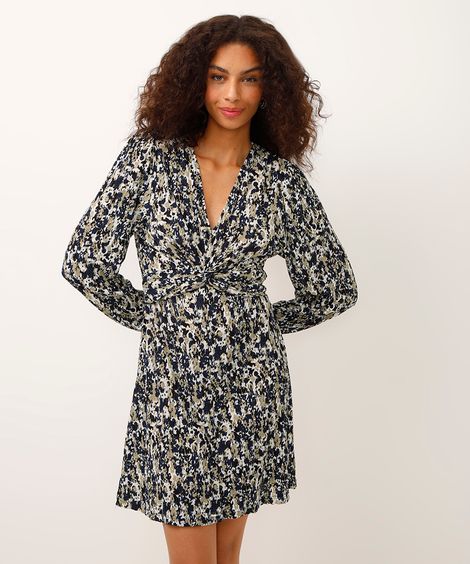 vestido curto decote v manga bufante texturizado azul