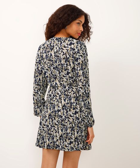 vestido curto decote v manga bufante texturizado azul