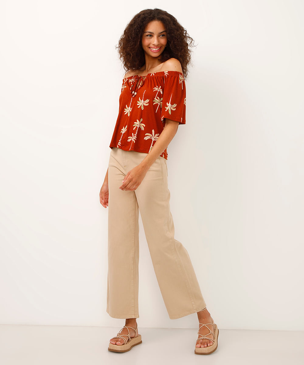 bata ombro a ombro de viscose folhagem laranja