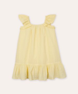 vestido infantil texturizado alça com babado amarelo