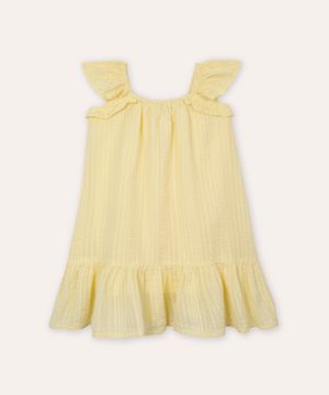 vestido infantil texturizado alça com babado amarelo