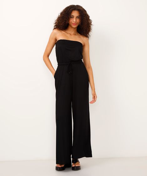macacão pantalona de viscose sem alça preto