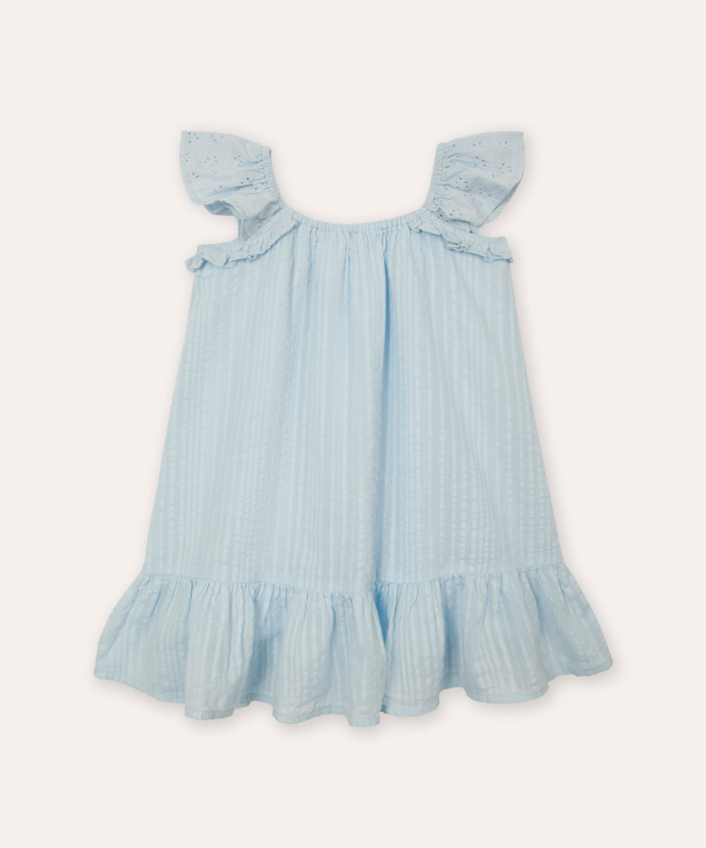 vestido infantil texturizado alça com babado - azul claro