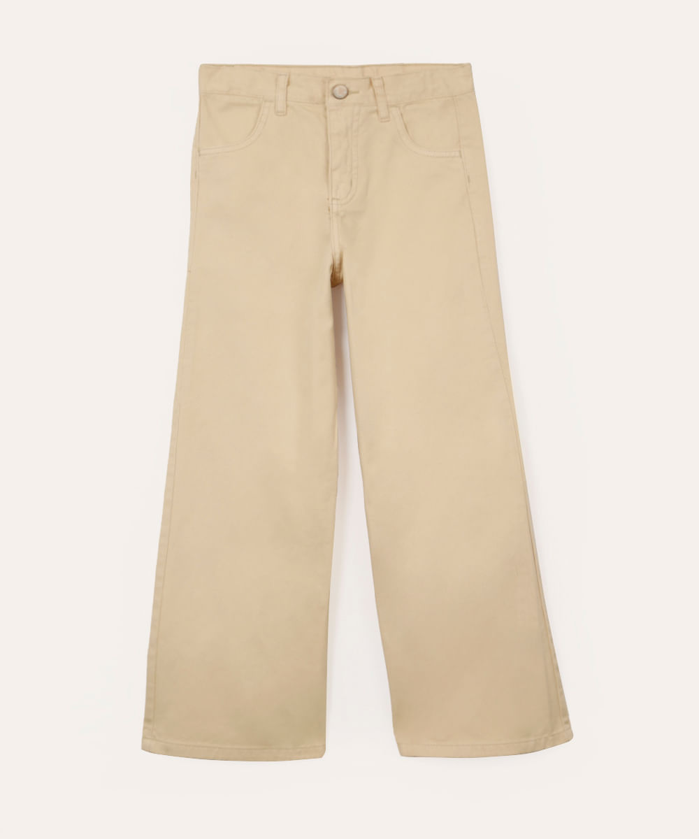 calça wide leg de sarja infantil cintura alta bege