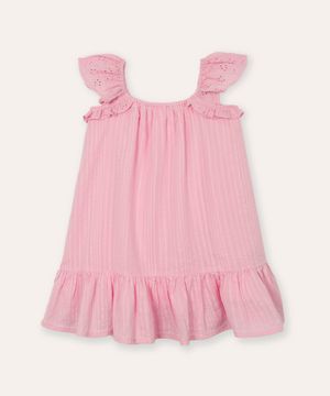 vestido infantil texturizado alça com babado rosa