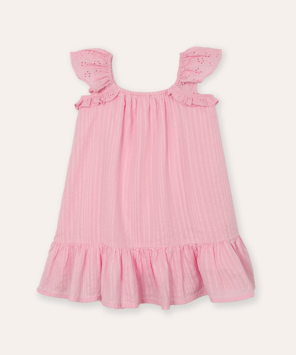 vestido infantil texturizado alça com babado - pink