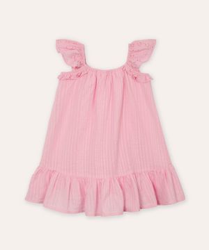 vestido infantil texturizado alça com babado rosa