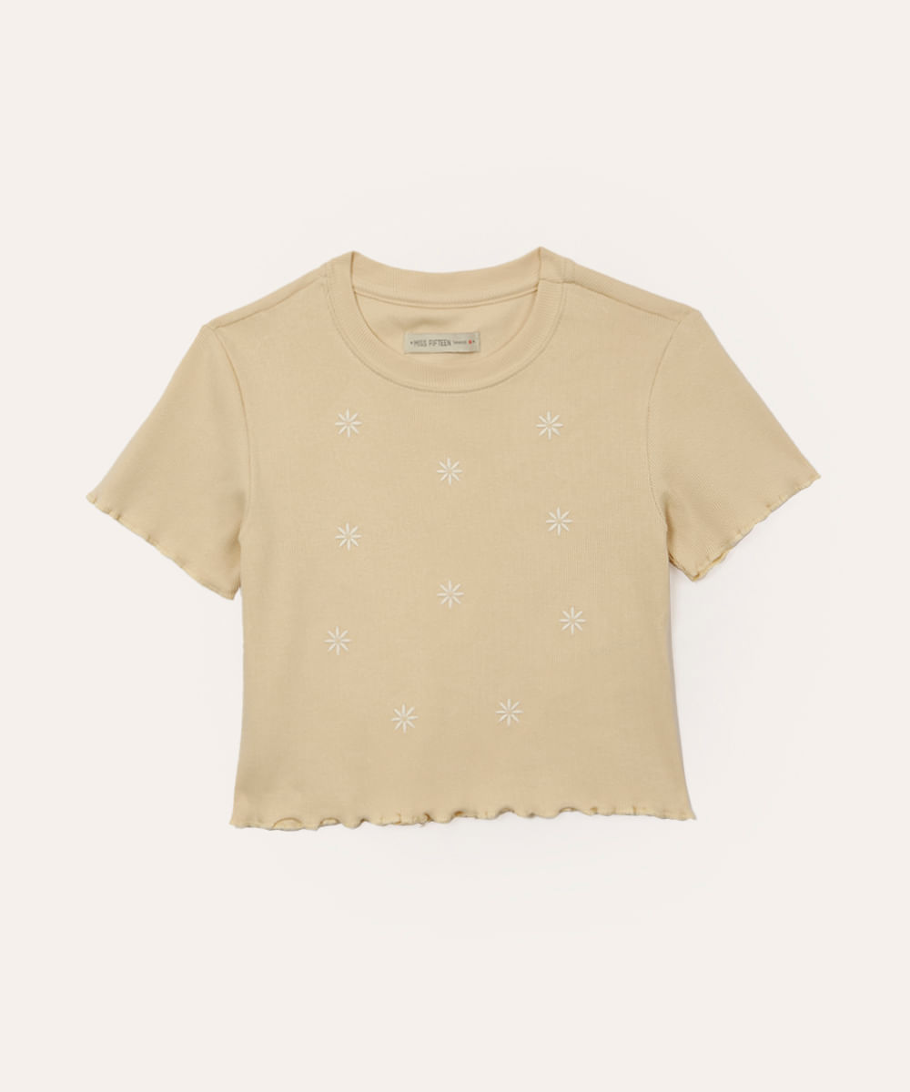 camiseta de algodão juvenil canelada floral bege