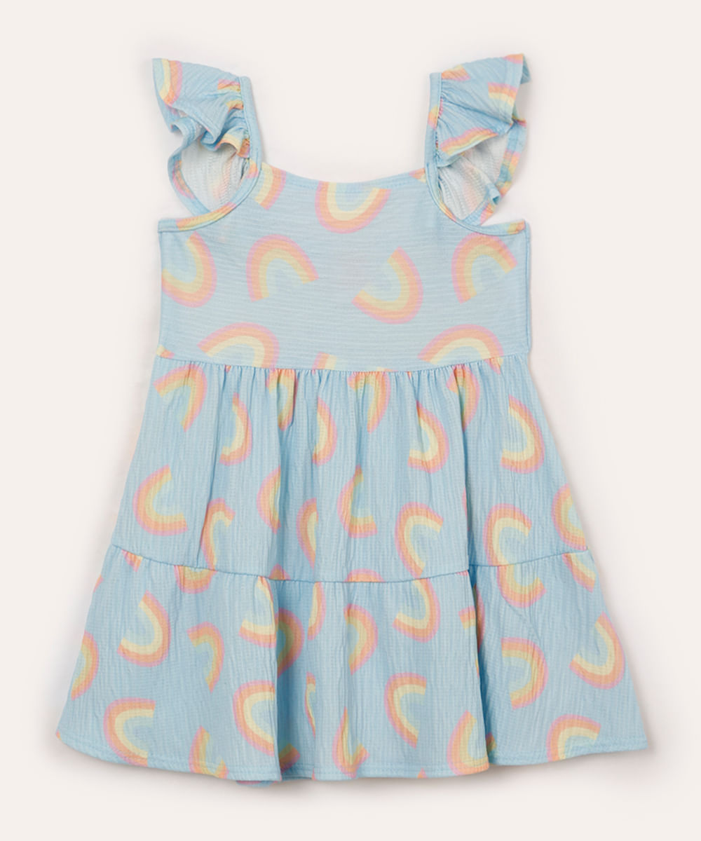 vestido midi infantil com babado arco íris azul