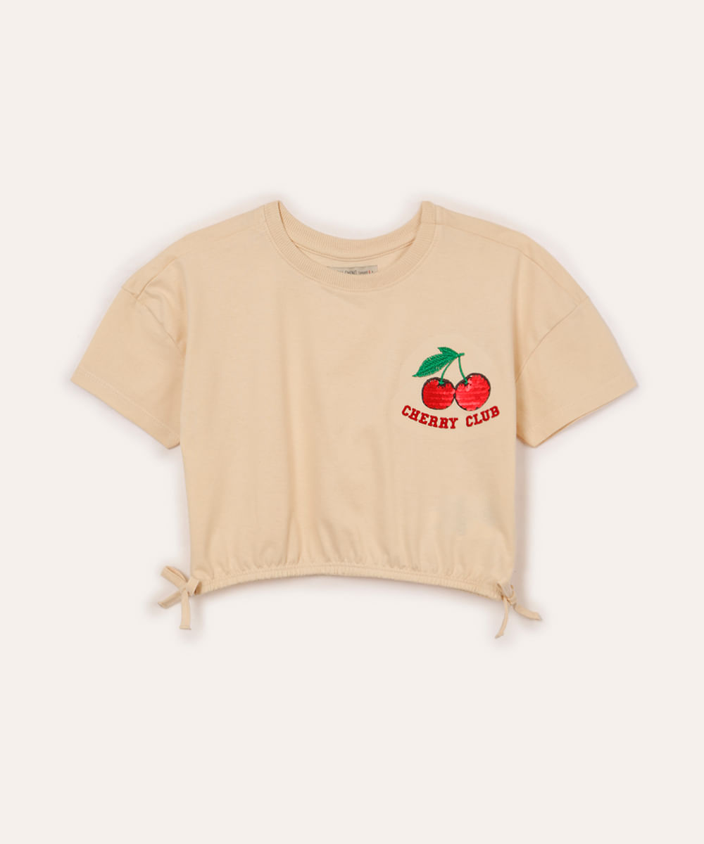 camiseta de algodão infantil com amarração e paetê bege