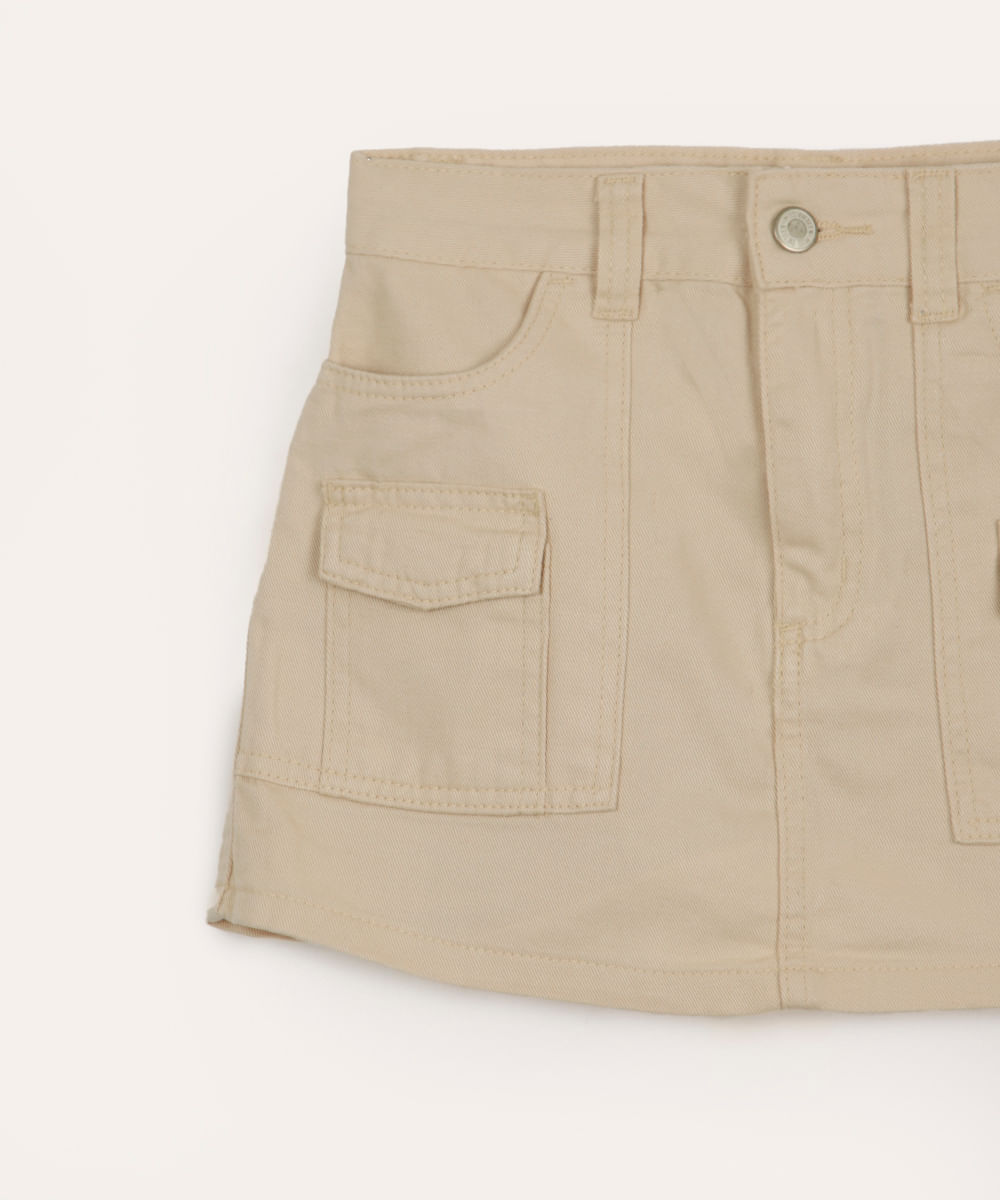 short saia juvenil de sarja cargo bege