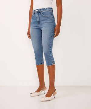 calça capri jeans cintura alta azul