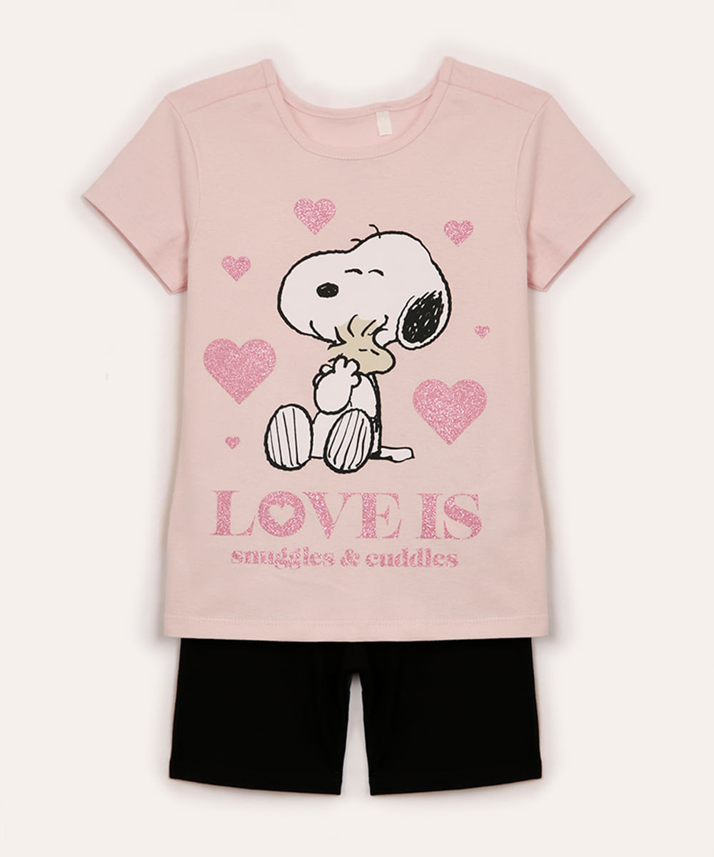conjunto infantil de algodão curto snoppy rosa