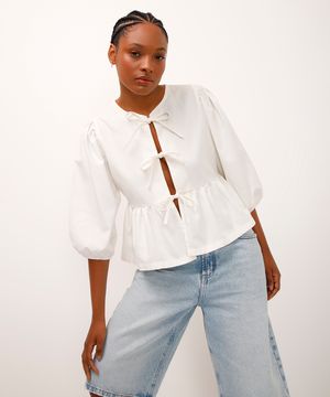 blusa de sarja manga bufante com laço off white