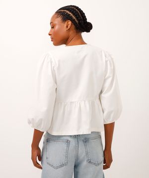 blusa de sarja manga bufante com laço off white