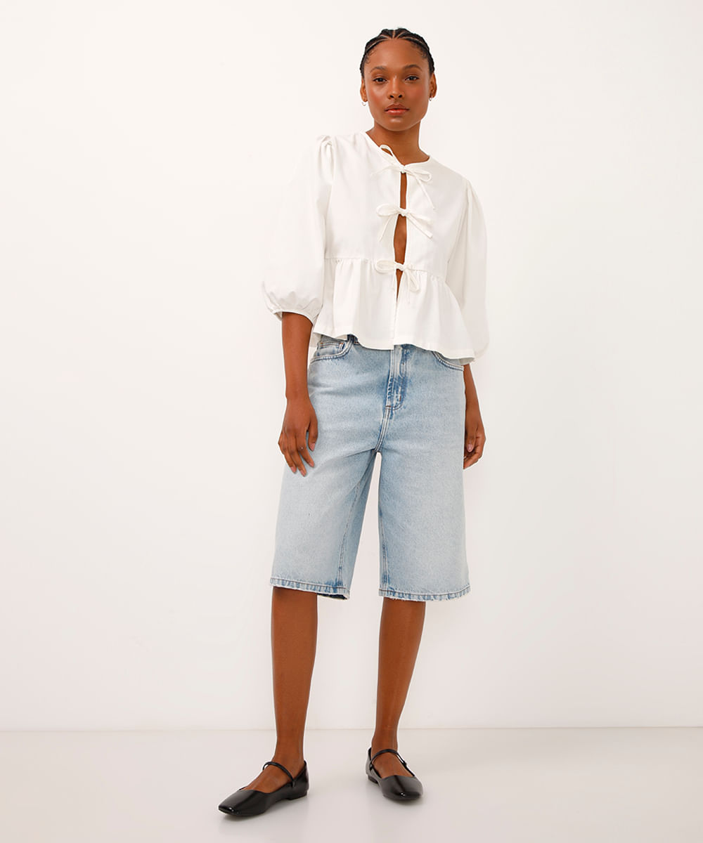 blusa de sarja manga bufante com laço off white
