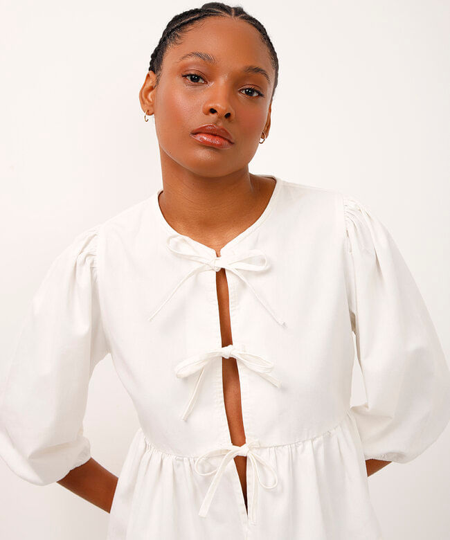 blusa de sarja manga bufante com laço off white