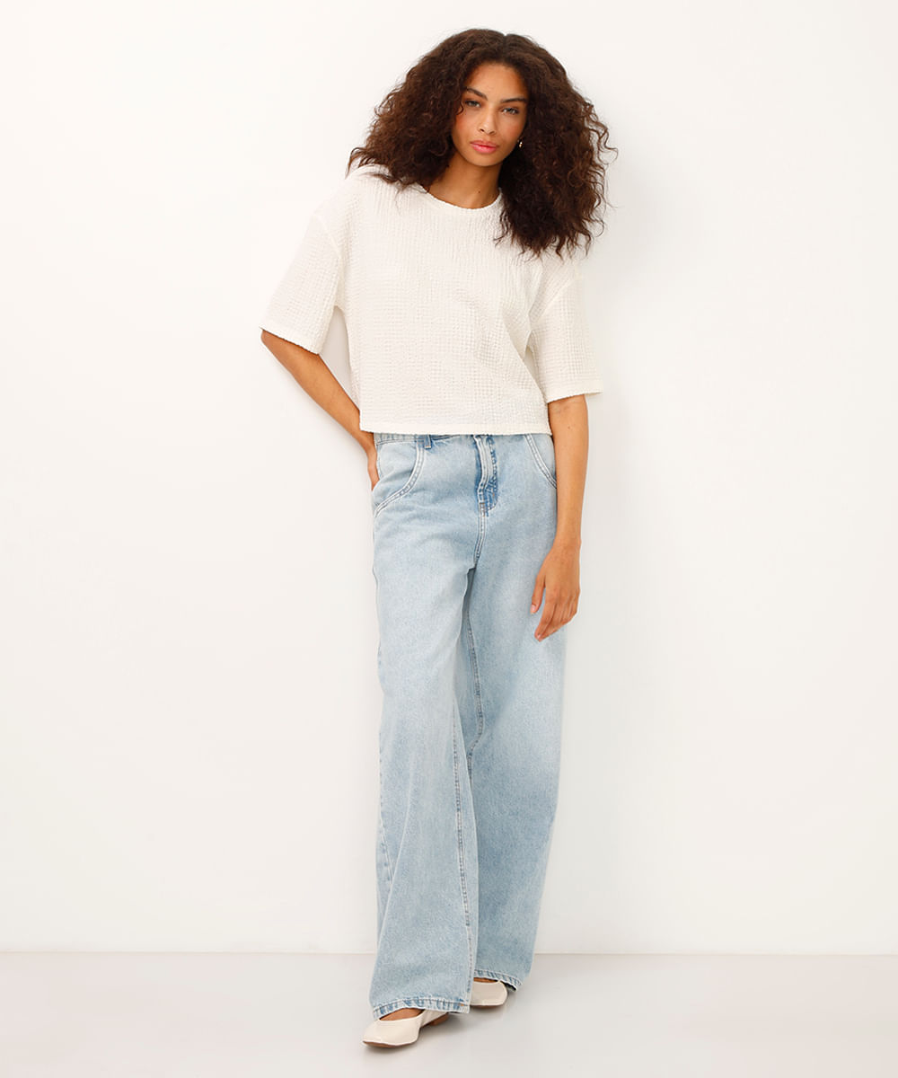 blusa decote redondo manga curta texturizada off white