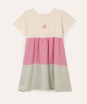 vestido infantil de algodão tricolor flor rosa