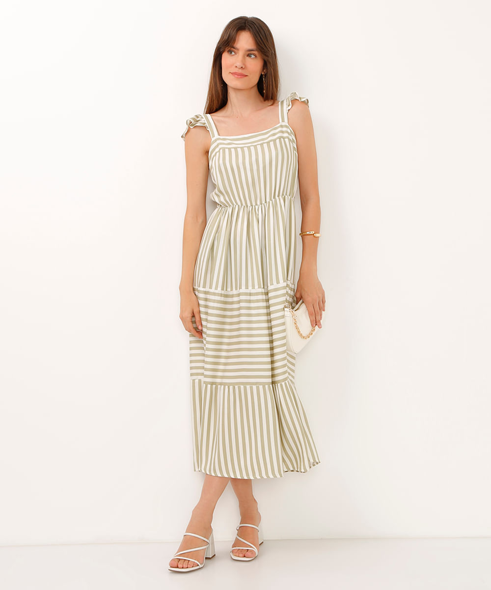 vestido midi de viscose marias listrado verde