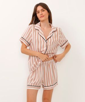 pijama americano de viscose curto listrado laranja