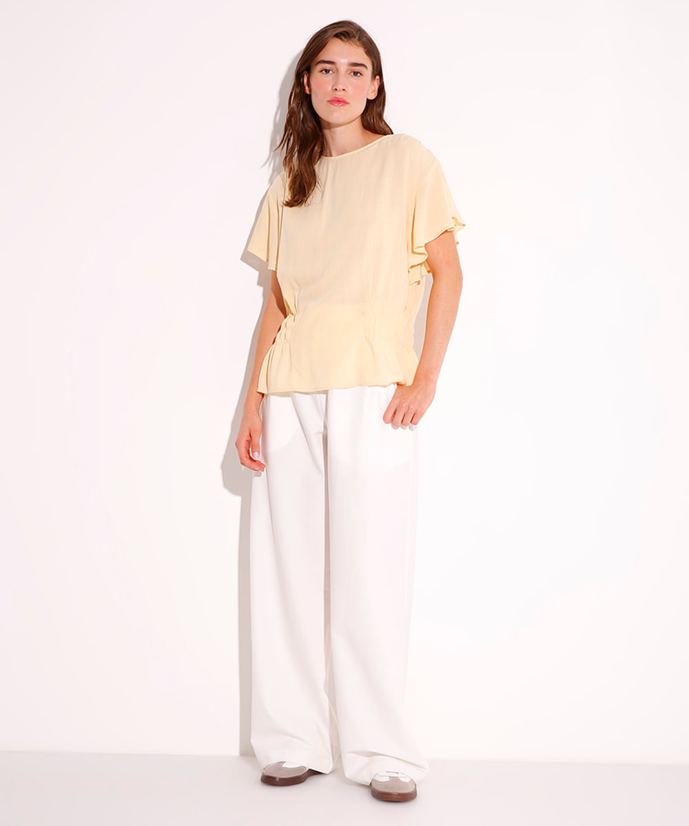 blusa de viscose com babado e franzido mindset amarela