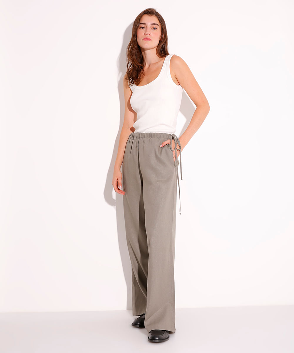 calça estilo pijama com linho e lacinho mindset cinza