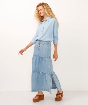 saia midi jeans cintura alta botões com fenda azul